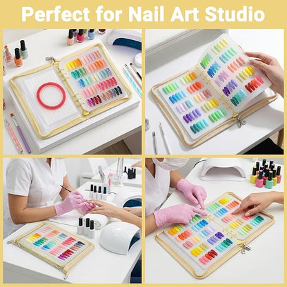 Segbeauty Nail Polish Display Storage with A5 Zipper Binder, Press on Nails Sample Swatches with 240 Fake Nail Tips, Nails Color Sample Book with Adhesive Tape, Manicure Salon Art Accessories, Yellow