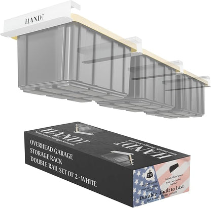 USA Based Overhead Garage Storage Rack, Connectable Heavy Duty Metal Ceiling Rails Garage Storage Organization Shelving System, Hanging Racks Tote Containers, Supports Up To 3 Bins, 2 Sets White