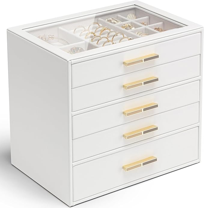 VLANDO 5 Layer Jewelry Box for Women, Glass Lid Jewelry Organizer with 5 Drawers for Necklaces Rings Earrings Bracelets - White