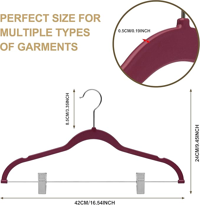 80 Pack Raspberry Quality Plastic Non Velvet Non-Flocked Thin Compact Coat Hangers with Metal Clips for Skirts Pants Blouses 360° Swivel Hook