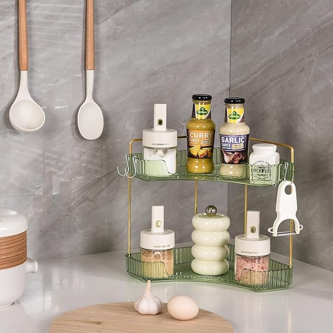 2-Tier Corner Bathroom Organizer Countertop with Hooks, Bathroom Sink Corner Vanity Storage for Makeup, Skincare and Perfume (Green Gold)