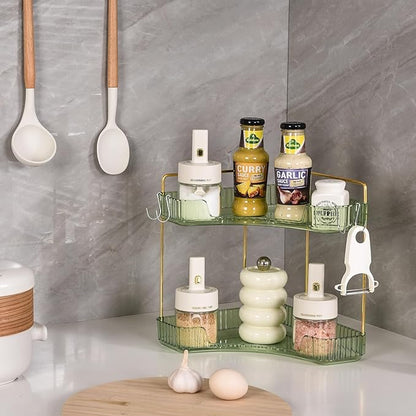 2-Tier Corner Bathroom Organizer Countertop with Hooks, Bathroom Sink Corner Vanity Storage for Makeup, Skincare and Perfume (Green Gold)