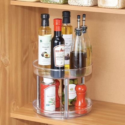 mDesign 2-Tier Lazy Susan Turntable for Kitchen Cabinets, Shelf, Table, Countertop, 9" Multi Level Rotating Organizer Carousel, Storage Turntable Organizer, Ligne Collection, 2 Pack, Clear/Chrome