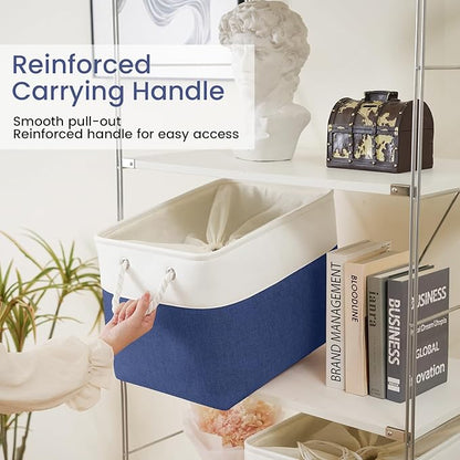 Large Storage Baskets- 16x12x12 inch Storage Bins for Shelves and Closet Organizing, Foldable Fabric Bin for Home Organization Clothes and Laundry (3-Pack, White&Blue)