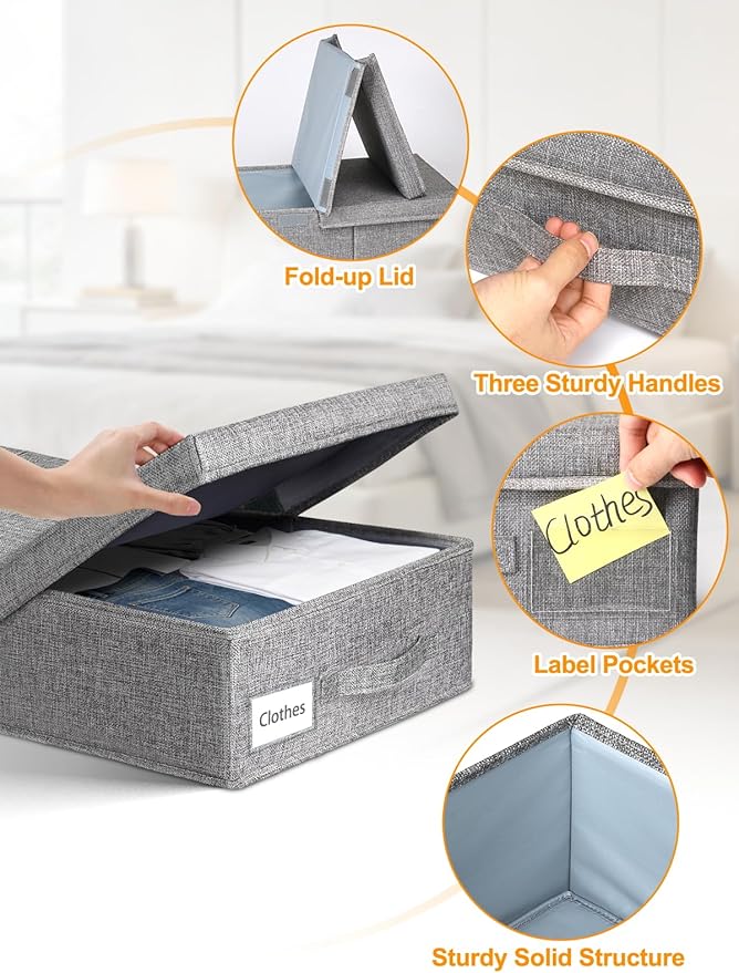 punemi Under Bed Storage With Lids, 2 Pack Large Underbed Storage Containers Clothes W/ 3 Handles, Foldable Low Profile Stackable Drawer Organizer Bins Box for Blanket Shoe Bedroom, 31.1*15.7*6inch