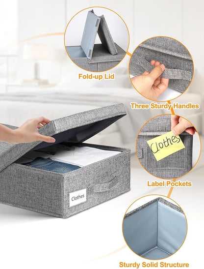 punemi Under Bed Storage With Lids, 2 Pack Large Underbed Storage Containers Clothes W/ 3 Handles, Foldable Low Profile Stackable Drawer Organizer Bins Box for Blanket Shoe Bedroom, 31.1*15.7*6inch