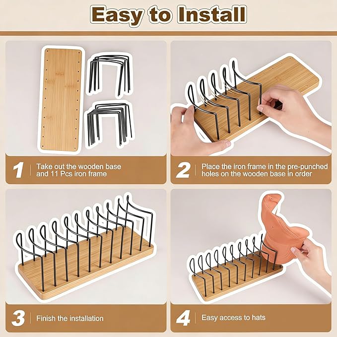 Hat Organizer for Baseball Caps, Wooden Tabletop Hat Rack Holder for 10 Hats Hat Display Stand for Closet Organizers and Storage Natural 2 Pack
