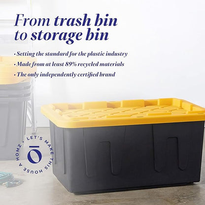 HOMZ 4-Pack Durabilt Tote, Heavy Duty Plastic Storage Bins with Lids, 15 Gallon, Black/Yellow - Stackable Organizing Containers for Home, Garage, and Office