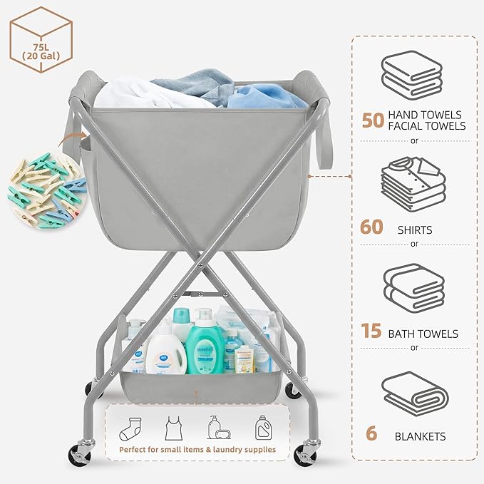 STORAGE MANIAC Collapsible Laundry Cart with Wheels 35.6"H Removable Canvas Bag Rolling Laundry Hamper Clothes Basket with Wheels, Sturdy Steel Frame Folding for Small Narrow Space Easy Storage, Grey