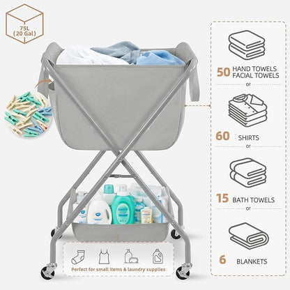 STORAGE MANIAC Collapsible Laundry Cart with Wheels 35.6"H Removable Canvas Bag Rolling Laundry Hamper Clothes Basket with Wheels, Sturdy Steel Frame Folding for Small Narrow Space Easy Storage, Grey