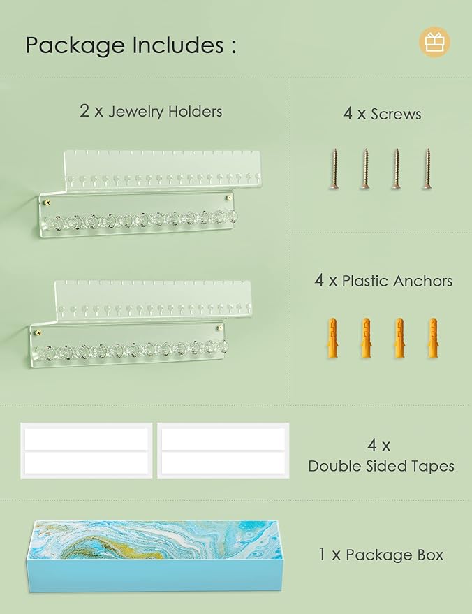 Acrylic Hanging Jewelry Organizer Wall Mounted Jewelry Holder with Floating Shelf, Necklace Holder Organizer and Stud Earring Organizer for Women Girls (2 Pack)