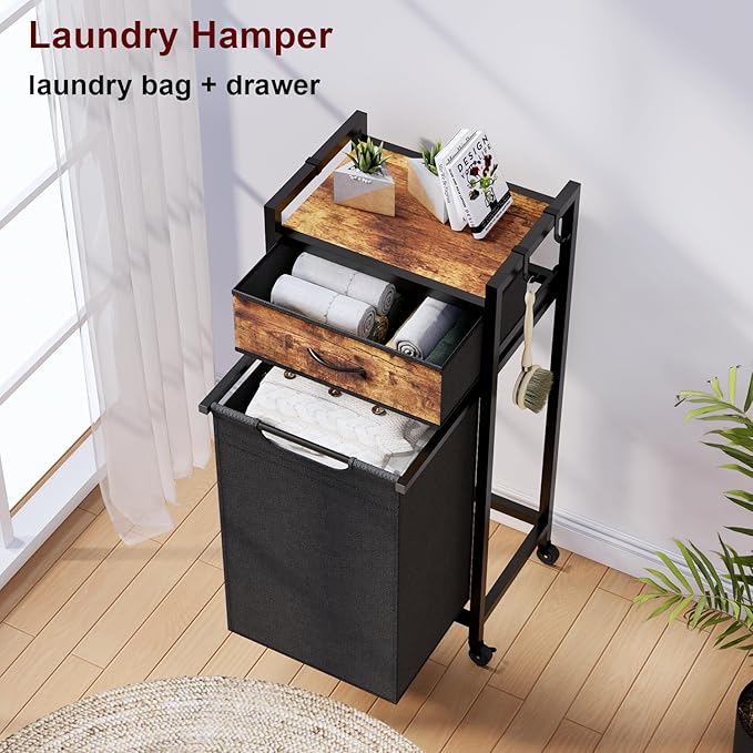 Timberer Laundry Hamper, Laundry Sorter, Rolling Laundry Basket with Drawer, 18 Gal (68 L), Pull-Out and Removable Oxford Fabric Bags, Black and Rustic Brown
