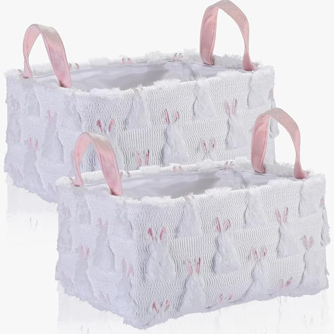 2 Pcs Rabbit Storage Baskets 14x10 Inch Cute Bunny Gift Basket Spring Laundry Foldable Fluffy Plush Storage Bin with Handle Decorative Closet Organizer for Home Office Car Countertop Tabletop