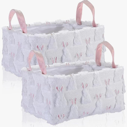 2 Pcs Rabbit Storage Baskets 14x10 Inch Cute Bunny Gift Basket Spring Laundry Foldable Fluffy Plush Storage Bin with Handle Decorative Closet Organizer for Home Office Car Countertop Tabletop