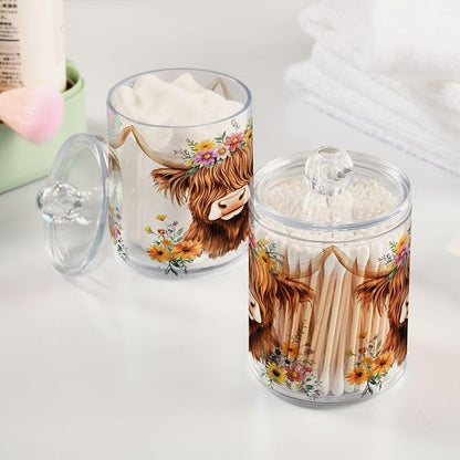 2 Pack Qtip Holder Dispenser for Cotton Ball Adorable Highland Cow Florals Swab Round Pads Clear Plastic Acrylic Jar Set Bathroom Canister