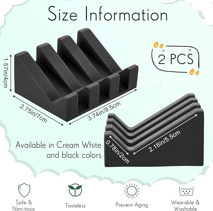 Cunhill 2 Pieces Silicone Soap Dish Self Draining Soap Dish Shower Waterfall Bar Soap Holder Tray with Drain Soap Saver for Kitchen Bathroom Accessories (Black,Cream White)