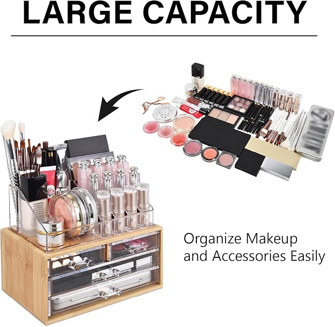 Ikee Design Bamboo Acrylic Makeup Organizer with 4 Drawers and Removable Top Lipstick Holders, Ideal for Make-up or Accessories,Enhance Your Vanity or Bathroom with Clear Design for Quick Visibility