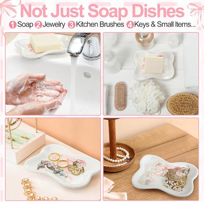 Pink Bow Girls Soap Dish Bathroom Decor Coquette Ceramic Cleaner Dish Bow Soap Holder Aesthetic Preppy Room Decor Saver Tray for Kitchen Sink Bathroom Baby Shower Wedding Gift, Easy Cleaning