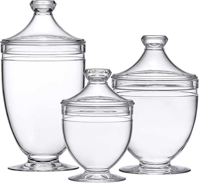 Amazing Abby - Aspire - Plastic Bathroom Canisters (3-Piece Set, 46/34/12 oz) (NOT Glass), Acrylic Apothecary Jars for Vanity, BPA-Free and Shatter-Proof, Great for Cotton Balls and Bath Sponges