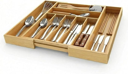 Expandable Bamboo Silverware Drawer Organizer - 20" Extra Wide Cutlery Tray with 9 Deep Compartments - 17.3" Length Large Utensil Holder & Kitchen Drawer Divider (Natural)