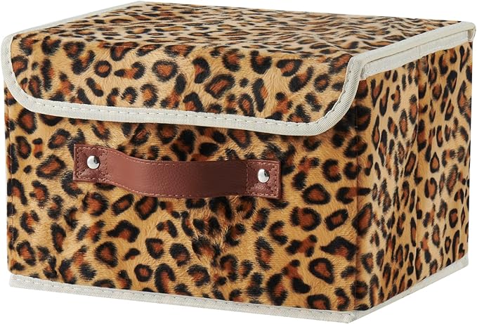 Storage Bin with Lid Leopard Print Cute Velvet Fabric Storage Basket Box Faux Leather Handles PP Plastic Board Foldable Washable Lidded Closet Shelf Organizer Container (Small Size)