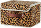 Storage Bin with Lid Leopard Print Cute Velvet Fabric Storage Basket Box Faux Leather Handles PP Plastic Board Foldable Washable Lidded Closet Shelf Organizer Container (Small Size)