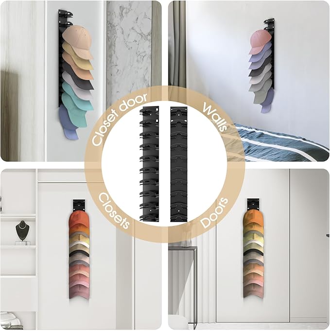 Baseball Caps Organizer Hat Storage Display Holder Modern Compact Hat Hanger Hat Organizer for Closet Laundry Entrance Door, Black