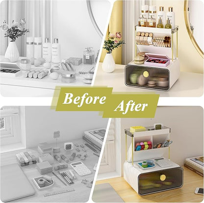FOLLOWIN Bathroom Counter Organizers and Storage with Drawer, Cosmetic Organizer with Make Up Brush Holder, Perfume Makeup Shelf, 3-Tier Vanity Storage, Smoky Gray