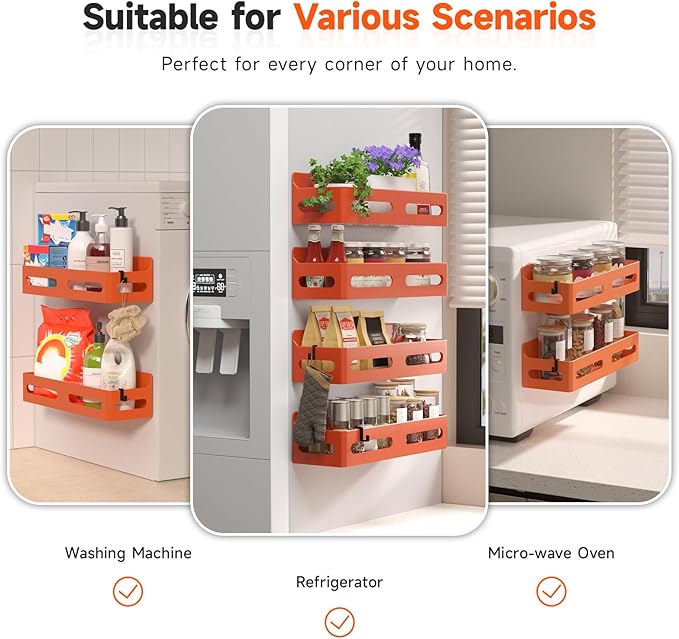Sevenblue 4 Pack Strong Magnetic Spice Rack for Refrigerator, Multipurpose Magnetic Shelf for Fridge with 4 Hooks for kitchen and Bathroom Organization, Orange