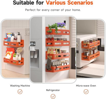 Sevenblue 4 Pack Strong Magnetic Spice Rack for Refrigerator, Multipurpose Magnetic Shelf for Fridge with 4 Hooks for kitchen and Bathroom Organization, Orange