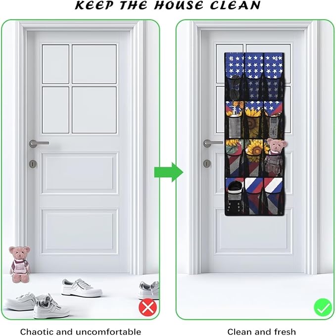 12-Pocket Hanging Storage Bag Behind the Door, Over the Door Organizer Space Saving Storage for Bedroom Closet or College Dorm, American Flag Sunflower