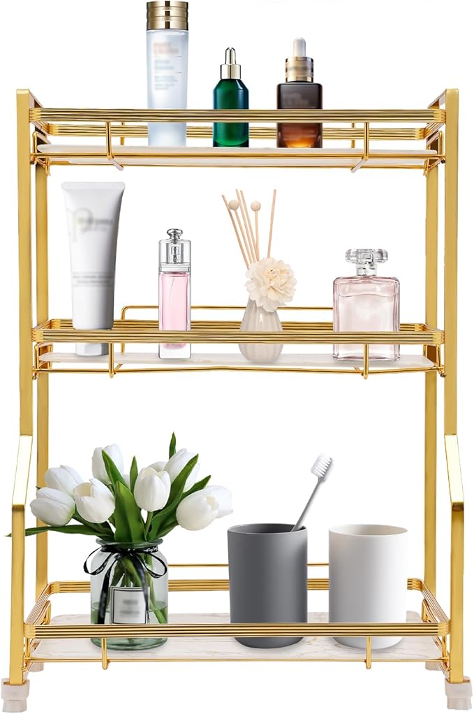 3 Tier Bathroom Countertop Organizer, Gold Bathroom Vanity Counter Organizer with Small Storage Basket for Skincare Makeup Perfume (White)