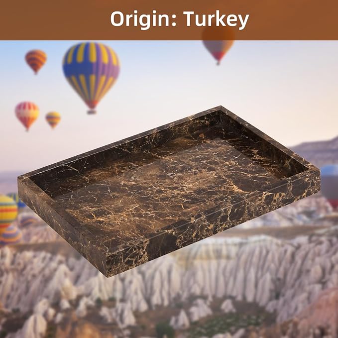 Marble Bathroom Vanity Tray, Natural Luxury Vanity Home Kitchen Bathroom Table Tray, Stone Decorative Countertop Dresser Trays for Key Coffee Perfume Jewelry Makeup (Dark Brown, 12"x 8" x1.2")