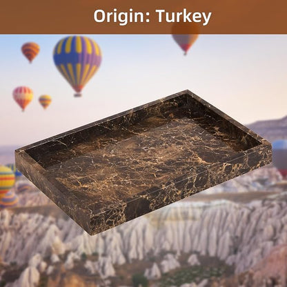 Marble Bathroom Vanity Tray, Natural Luxury Vanity Home Kitchen Bathroom Table Tray, Stone Decorative Countertop Dresser Trays for Key Coffee Perfume Jewelry Makeup (Dark Brown, 12"x 8" x1.2")
