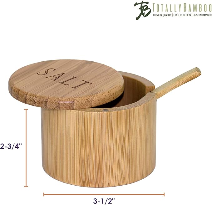 Totally Bamboo Salt Cellar Bamboo Storage Box with Magnetic Swivel Lid, 6 Ounce Capacity, Engraving on Lid, Includes Salt Spoon