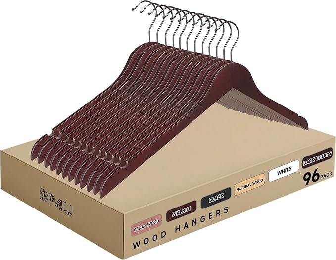 Premium Wooden Top Hangers, Heavy Duty Solid Wood Suit Hangers with 360° Swivel Hook & Anti-Slip Notches, Durable Clothes Hangers for Jackets, Coats, Shirts & Dresses(Dark Cherry/96-Pack)
