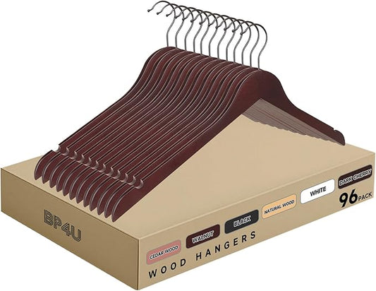 Premium Wooden Top Hangers, Heavy Duty Solid Wood Suit Hangers with 360° Swivel Hook & Anti-Slip Notches, Durable Clothes Hangers for Jackets, Coats, Shirts & Dresses(Dark Cherry/96-Pack)