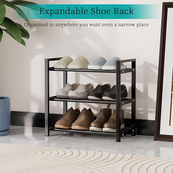 EKETE Expandable Shoe Rack,Adjustable and Stackable 3-Tier Shoe Rack Organizer, Shoe Rack for Closet,Small Shoe Rack,Metal Free Standing Shoe Rack for Entryway,Hallway,Closet Shoe Storage