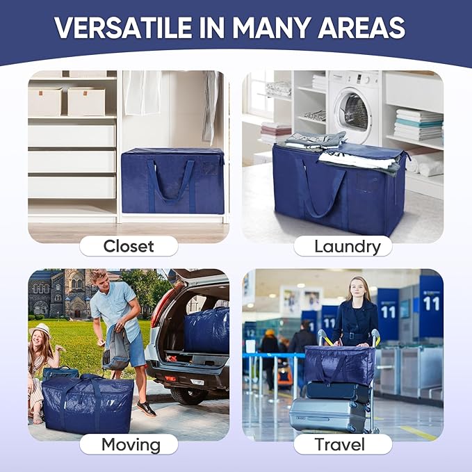 TICONN 4 Pack Extra Large Moving Bags Heavy Duty with Zippers & Carrying Handles, Durable Storage Bags Moving Boxes for Closet Organizers and Storage (4 Pack, Navy)