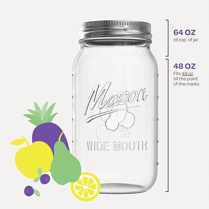 Wide Mouth Mason Jars 64 oz [3 Pack] With Mason Jar Lids and Bands, Mason Jars 64 oz - For Canning, Fermenting, Pickling - Jar Decor - Microwave/Freeze/Dishwasher Safe.