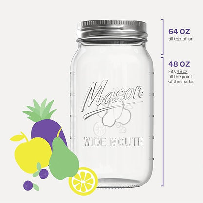 Wide Mouth Mason Jars 64 oz [3 Pack] With Mason Jar Lids and Bands, Mason Jars 64 oz - For Canning, Fermenting, Pickling - Jar Decor - Microwave/Freeze/Dishwasher Safe.