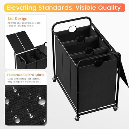 180L (47.55 Gal) Laundry Sorter 3 Section, Rolling Laundry Basket with Lockable Wheels and Lid, Laundry Hamper with 3 Separated Removable Bags Dirty Clothes Hamper for Laundry Room Organizer, Black