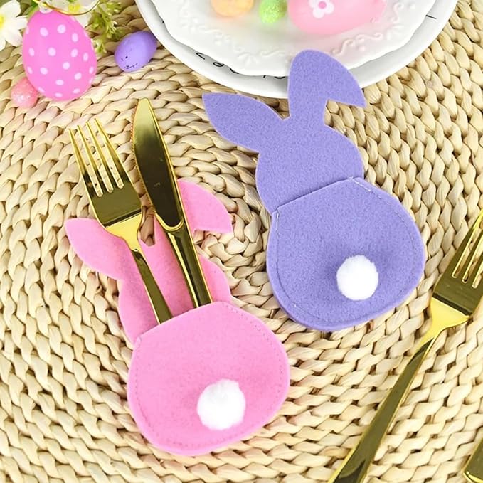 Easter Bunny Cutlery Bags Flatware Holder Bunny Shape Silverware Felt Utensil Cutlery Holders Pouch Bags Utensil Sleeve Pockets for Spring Birthday Table Place Settings Tableware Party Supplies 8Pcs