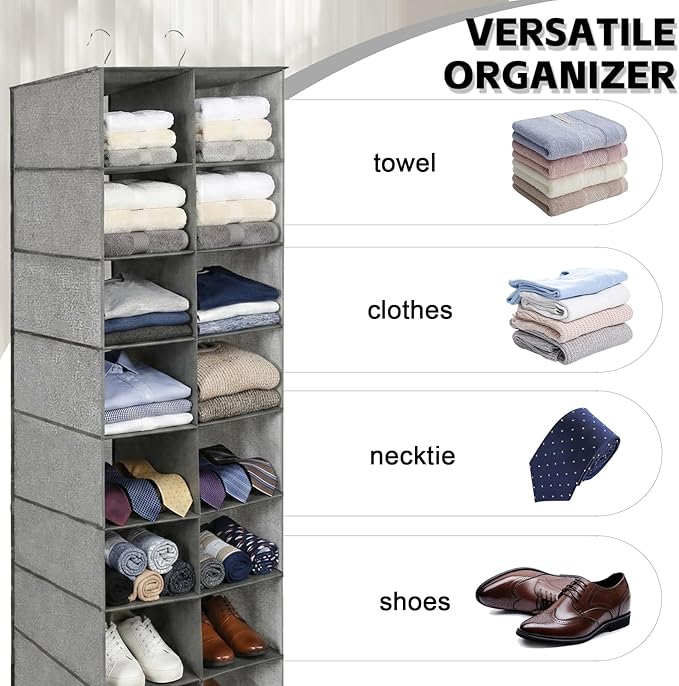 Hanging Shoe Organizer for Closet, 20 Sections Hanging Closet Organizer and Storage Shelves, Space Saving Shoe Rack for Closet, Grey, 12''W×12''Dx 50''H