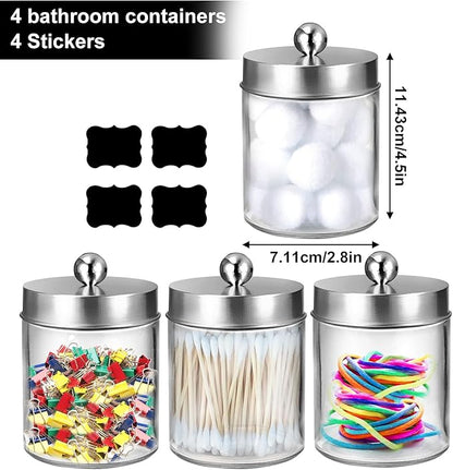 4 Pack Qtip Holder, Canister Apothecary Jar Set, Clear Plastic Apothecary Jar Containers, Bathroom Jars with Lids Set for Cotton Swabs, Balls, Pads, Floss Picks (Silver)