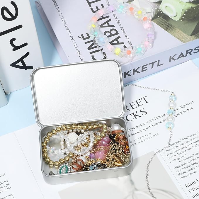 Metal Tins with Lids, Rectangular Small Metal Box with Lid Hinged Tin Box Container with Lid Portable Small Silver Storage Tin Case with Hinged Lids for Home Storage Organizer