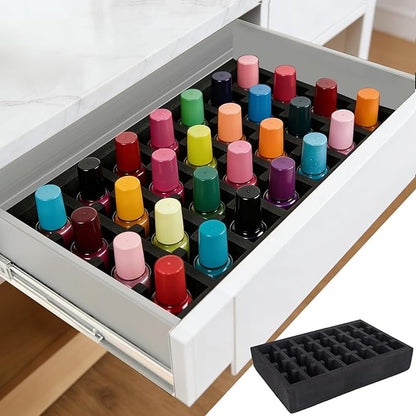 Nail Polish Drawer Organizer, Holder Foam Pad with Slots for Storage 28 Bottles Nail Polish or Essential Oil for Counter Vanity Dresser Desk Drawer, Black