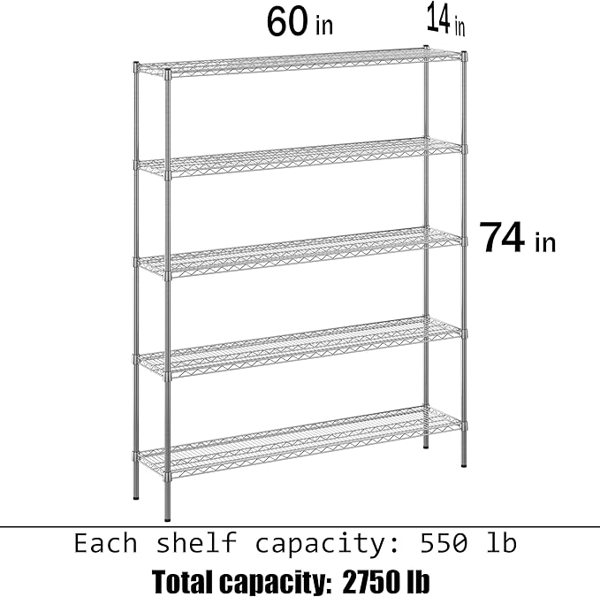 14" Deep x 60" Wide x 74" Height Wire Shelving Kit | 5-Tier | NSF Commercial Storage Rack Unit