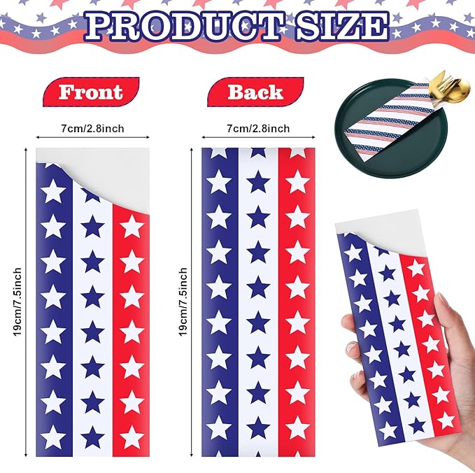 Roowest 100 Pcs 4th of July Silverware Bags Bulk Independence Day Party Supplies Disposable American Flag Paper Utensil Bags for Patriotic Party Home Wedding Party Table Decorations