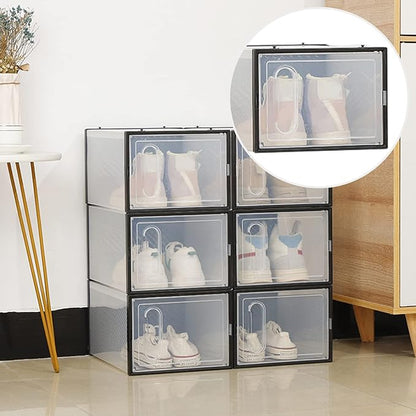 Transparent Visible Shoe Organizers Storage Boxes for Closet, Drop Front Shoe Box, Stackable Plastic Shoe Box for Display Sneakers,Easy Assembly Black